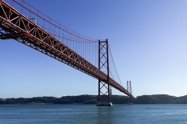 The bridge April 25 with Christ the King in the background in Lisbon Portugal