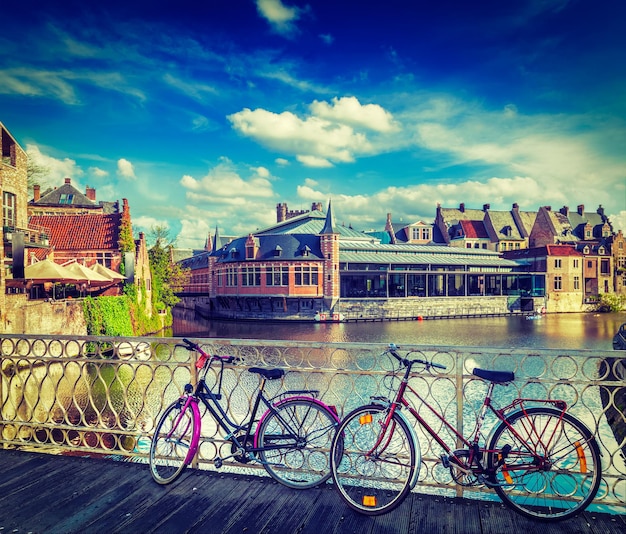 Bridge bicycles and canal Ghent Belghium