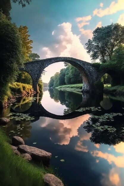 Bridge over a body of water surrounded by trees generative ai