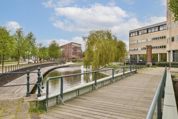 A bridge over a body of water with buildings in the background and trees on either side of the riverbank