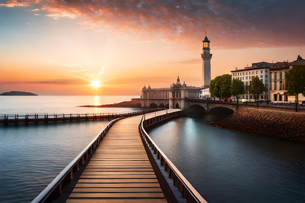 A bridge over a body of water with a lighthouse in the background