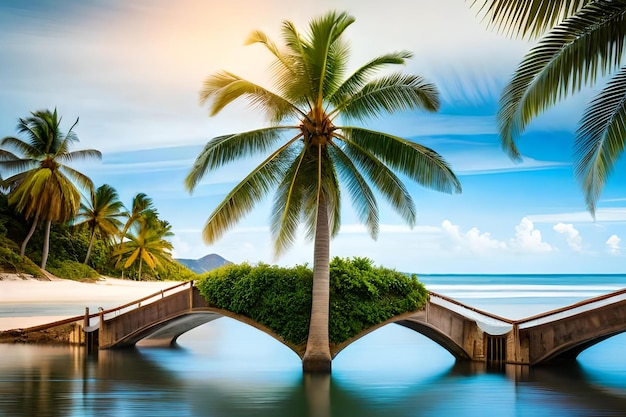 Мост через водоем с пальмами на заднем плане.