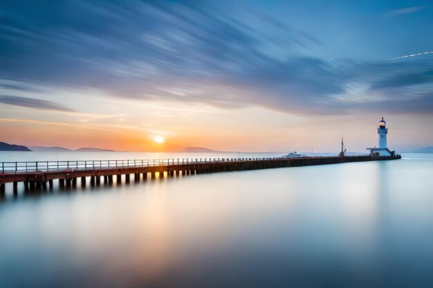 a bridge over a body of water with a sunset in the background