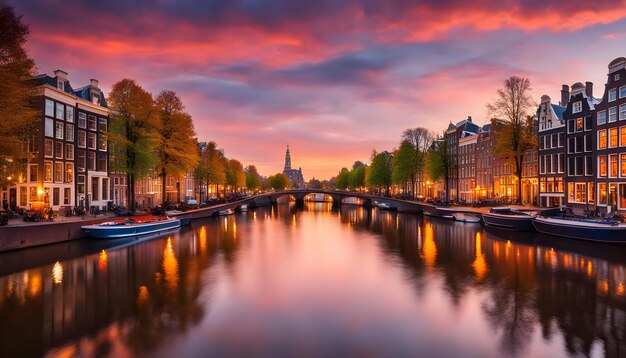 Photo a bridge over a canal with boats on it and a bridge in the background