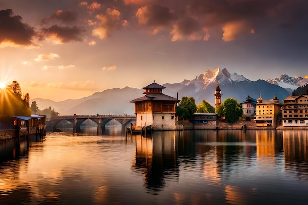 A bridge and a city at sunset