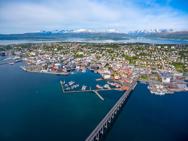 Bridge of city Tromso, Norway aerial photography. Tromso is considered the northernmost city in the world with a population above 50,000.