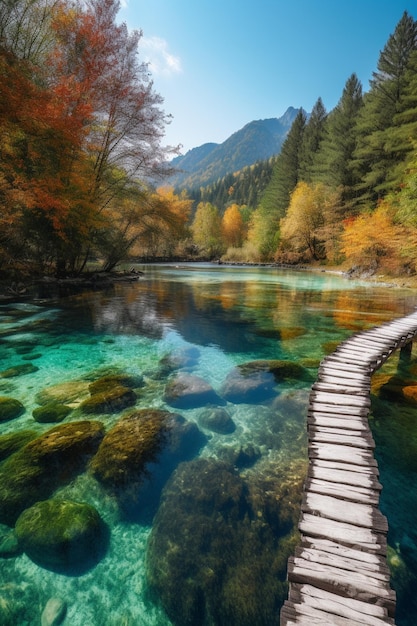 A bridge over a clear water with a mountain in the background