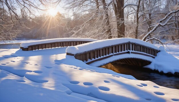 Bridge crossing with fresh snow and a path of footprints ai generated