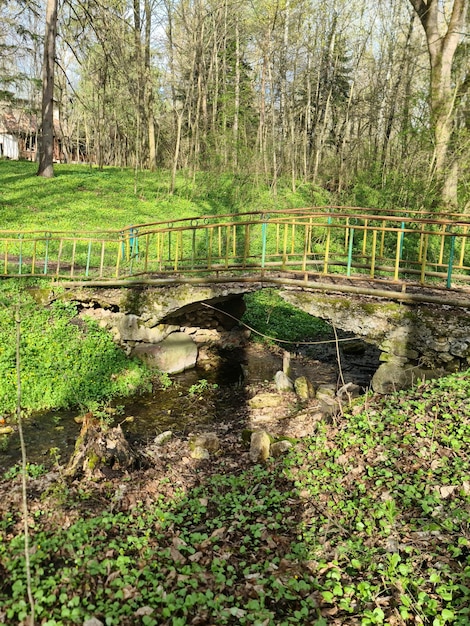 A bridge in a field with a creek in the background