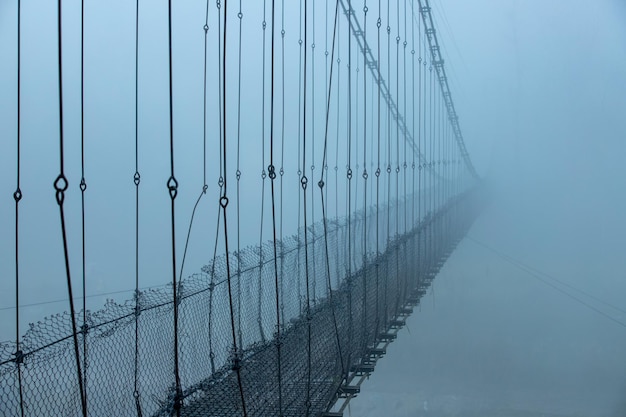 A bridge in the fog with the word suspension on it