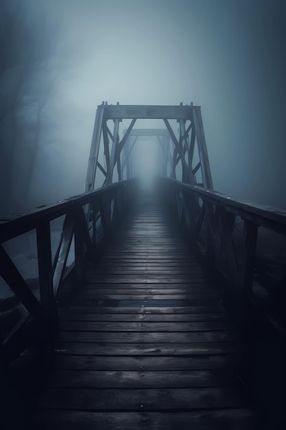 A bridge in a foggy forest with a bridge leading to it