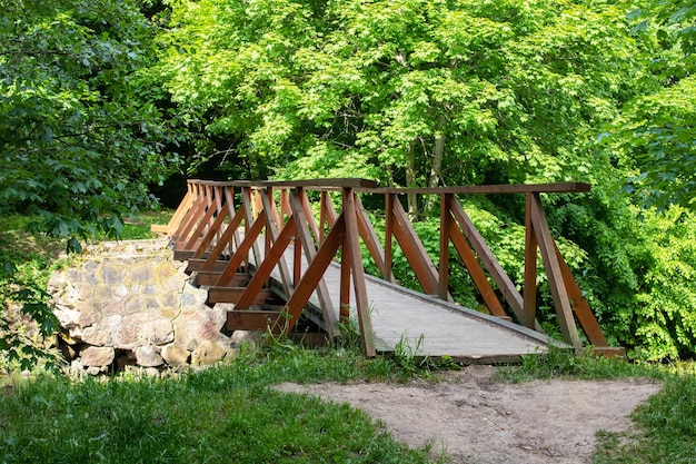 Bridge over a forest river among green bushes