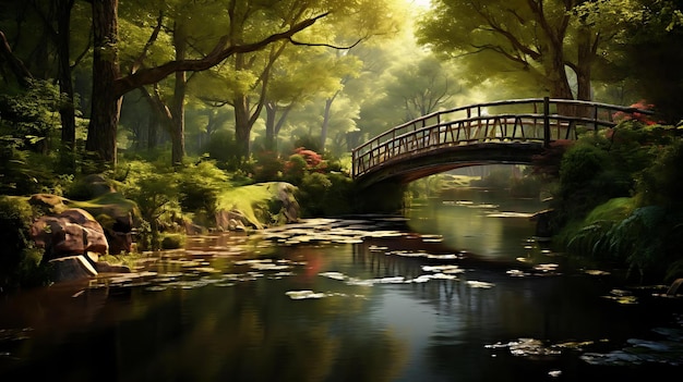 A bridge in the forest with a bridge in the background