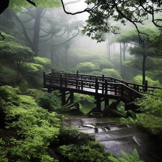 森の中の橋と背景の橋