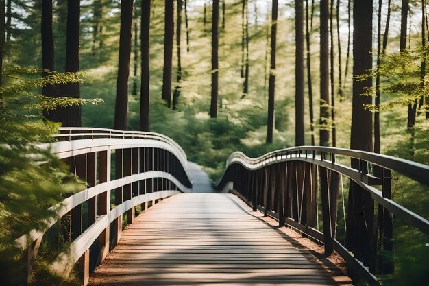 A bridge in the forest with a forest in the background
