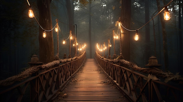 A bridge in the forest with lights hanging from the ceiling.