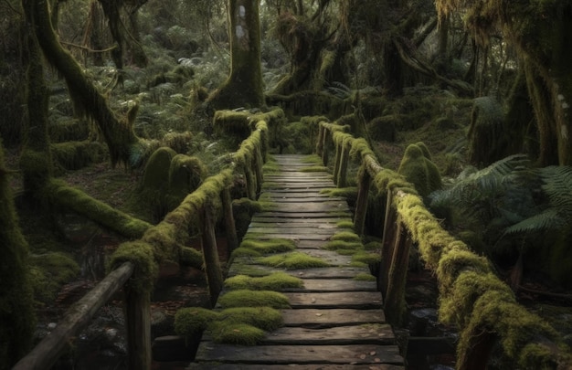 A bridge in a forest with moss on it