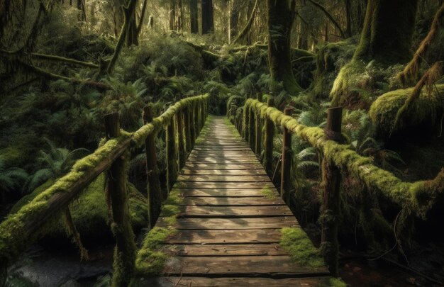 A bridge in the forest with moss on it