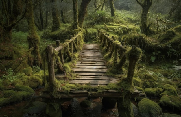 A bridge in the forest with moss and moss