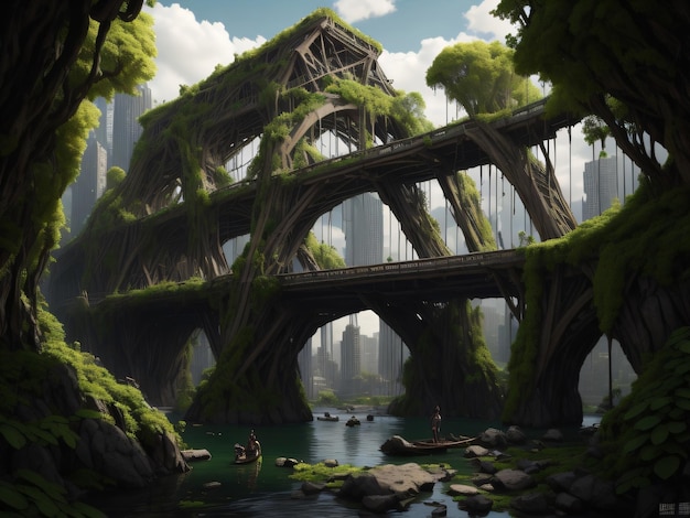 A bridge in the forest with a river and a bridge