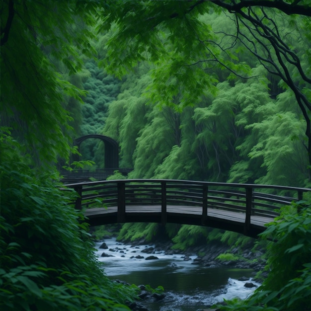 A bridge in a forest with a river in the foreground.