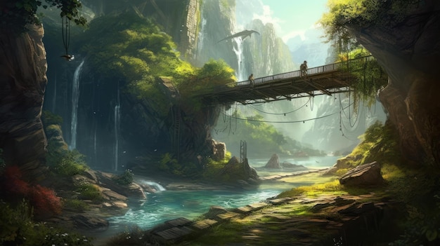 滝を背景にした森の中の橋