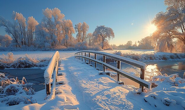 a bridge over a frozen river with snow on the ground