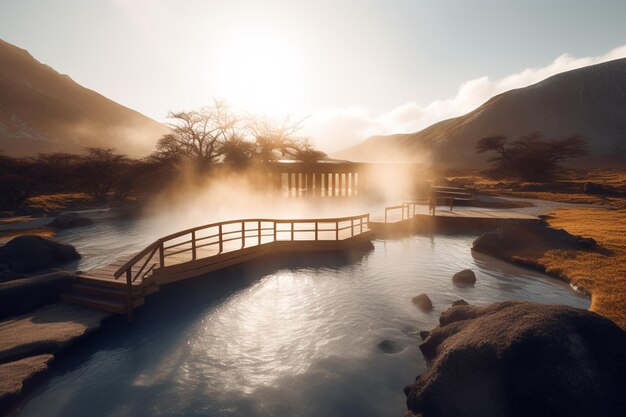 A bridge over a hot spring with a mountain in the background