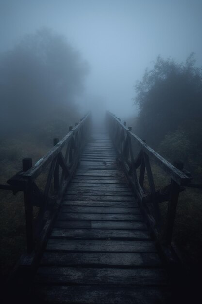 Foto un ponte è nella nebbia e la nebbia è accesa.