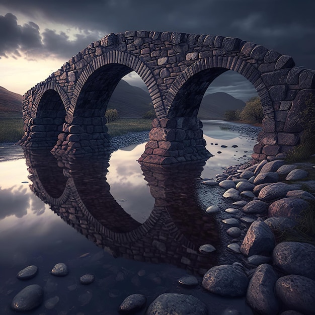 A bridge is reflected in a lake with mountains in the background.