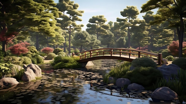 A bridge in a japanese garden with a pond and a bridge