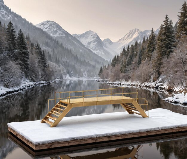 a bridge over a lake in the mountains