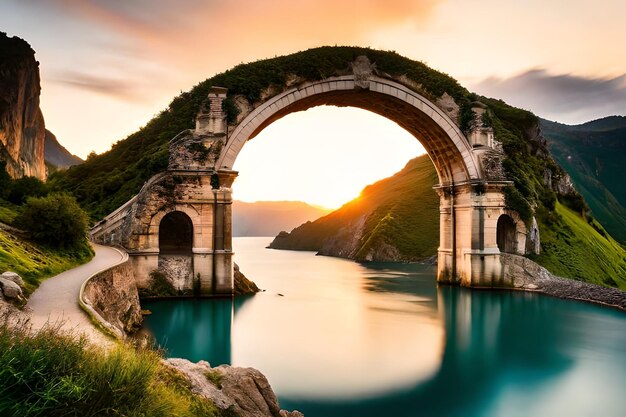 A bridge over a lake at sunset