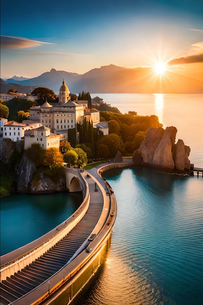 A bridge over a lake with a mountain in the background