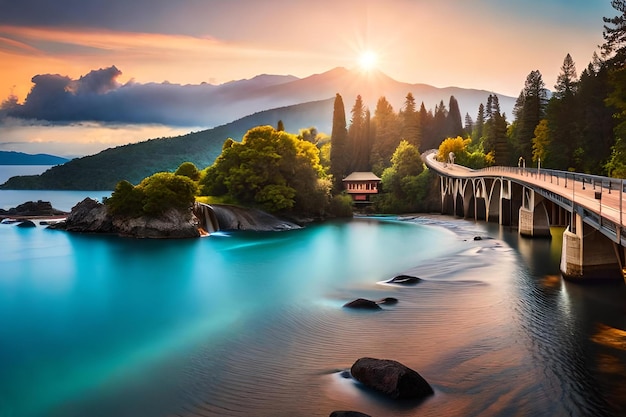 Foto un ponte su un lago con una montagna sullo sfondo