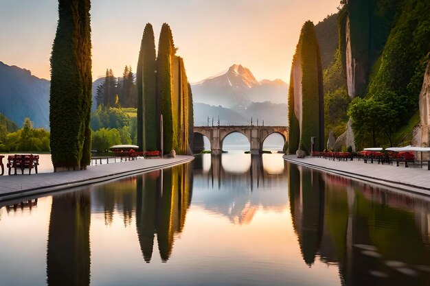 Foto un ponte su un lago con una montagna sullo sfondo