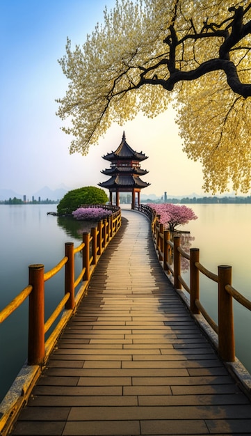 A bridge over a lake with a pagoda in the background.