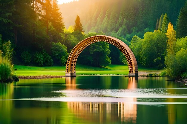 A bridge over a lake with the sun shining through the trees