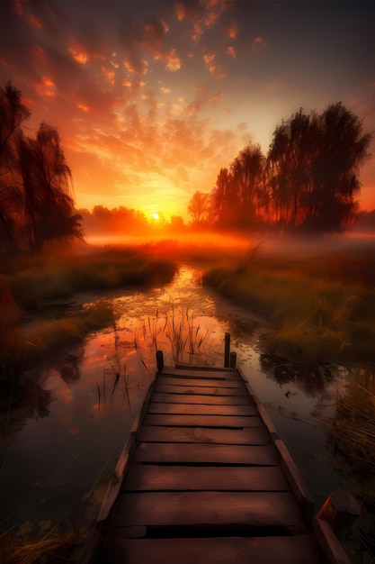 A bridge over a lake with a sunset in the background