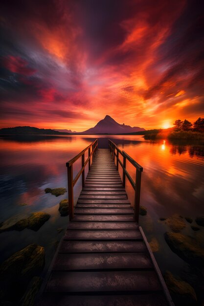 A bridge over a lake with a sunset in the background