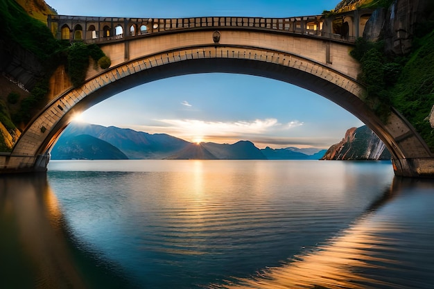 a bridge over a lake with a sunset in the background