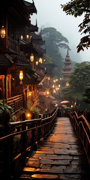 a bridge leading to a temple with a pagoda in the background