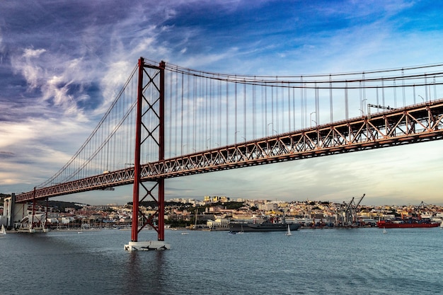 Bridge in Lisbon during sunset, Portugal skyline and cityscape on the Tagus River.