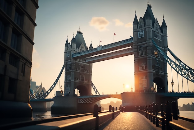 A bridge in london with the sun setting behind it