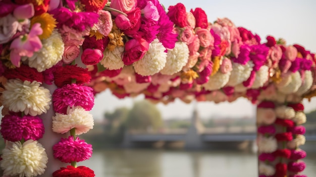 A bridge made of flowers is decorated with a bridge in the background.