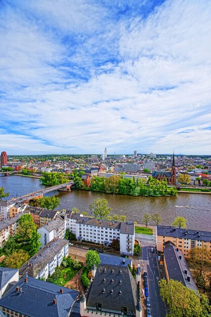 Bridge over Main River in Frankfurt am Main. It is the largest city in the Hesse state of Germany.