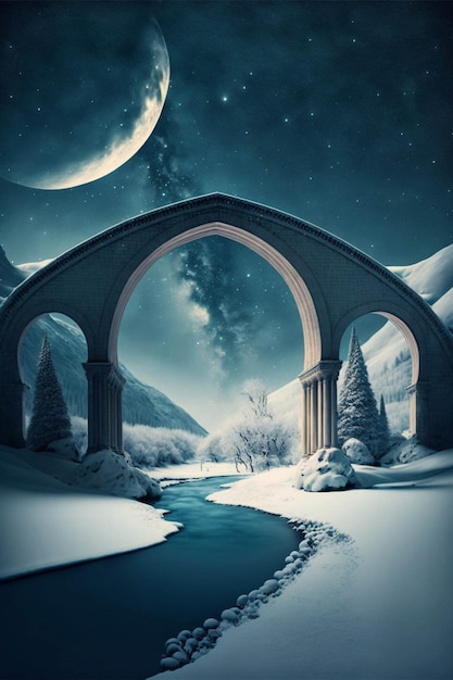 Bridge in the middle of a snowy landscape generative ai