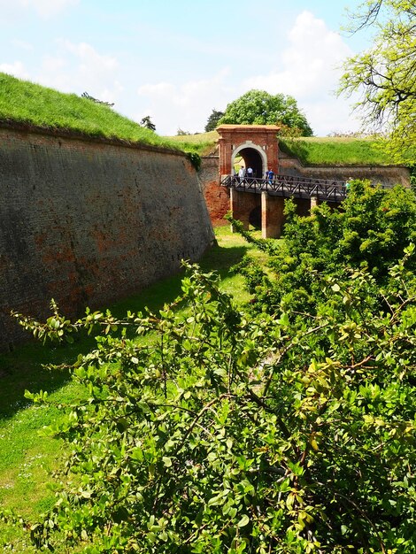 Bridge over the moat in the Petrovaradin Fortress Petrovaradin Novi Sad Serbia Wooden fortifications Hills overgrown fortifications Museum complex of defensive structures