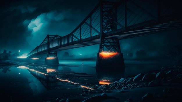 A bridge at night with a river below it dark