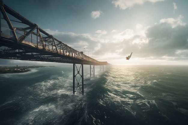 A bridge over the ocean with a bird flying above it